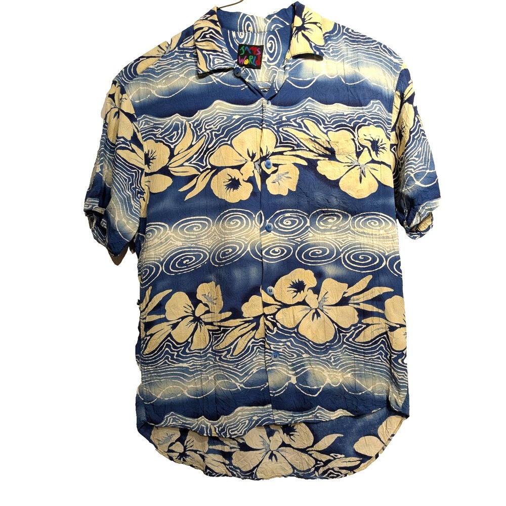 Vtg. Jams World Shirt Mens S Blue Hawaiian Aloha Rayon Hibiscus Camp Made USA